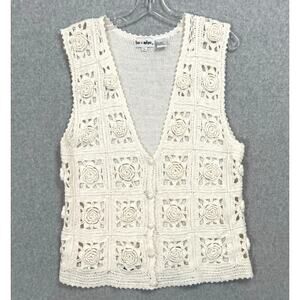 Vintage 90s Crochet Sweater Vest Sz L Cardigan Cottagecore Grannycore Rosette